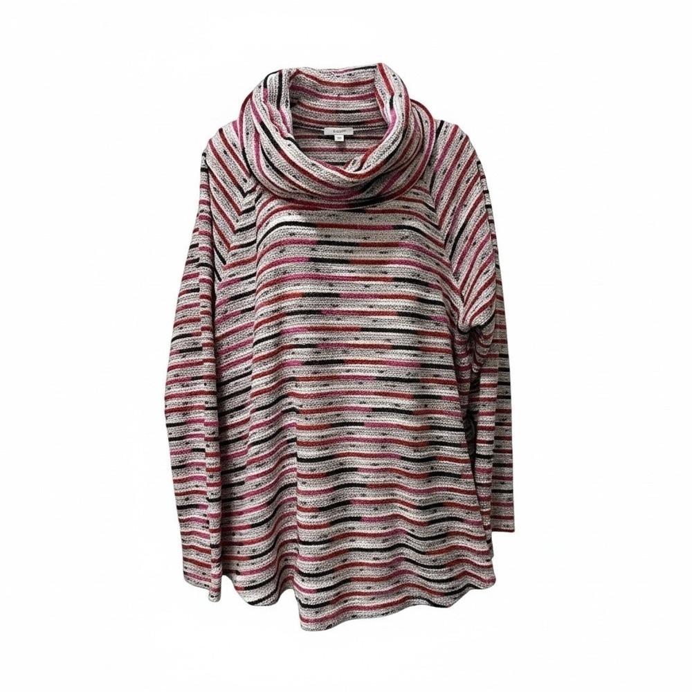 Ruby Rd Woman 1X Striped Cowl Neck Pullover Sweater Pink Red Multi Textured Knit